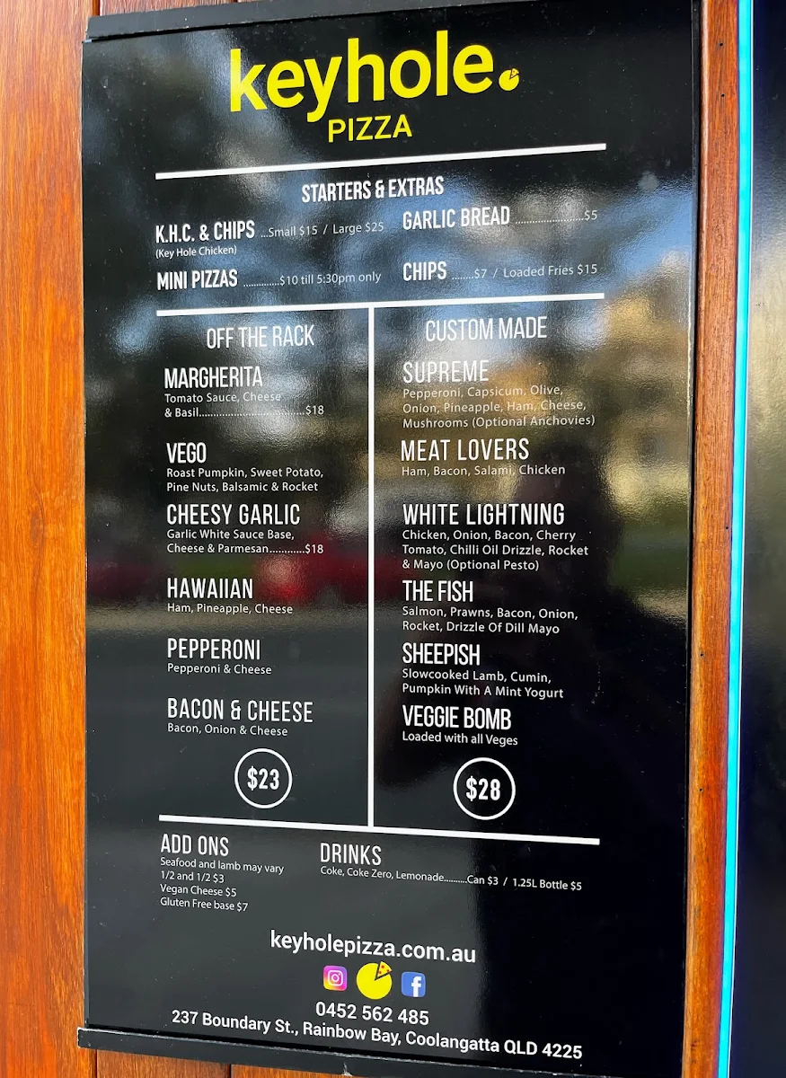 Menu, Keyhole Pizza