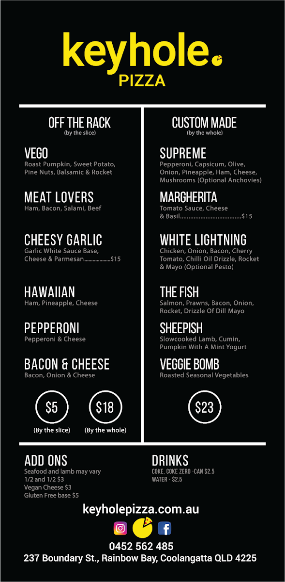 Menu, Keyhole Pizza