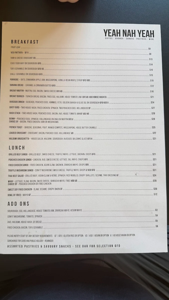 Menu, Yeah Nah Yeah