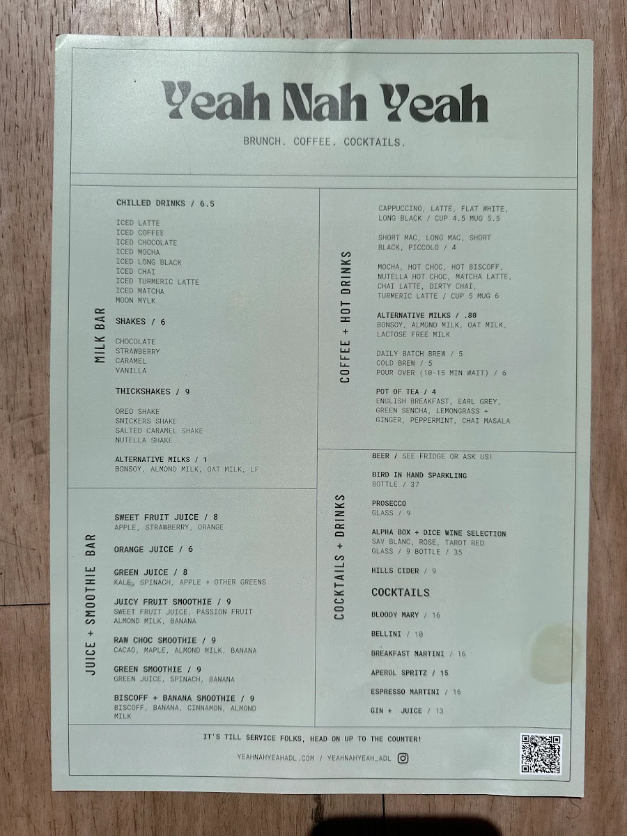 Menu, Yeah Nah Yeah