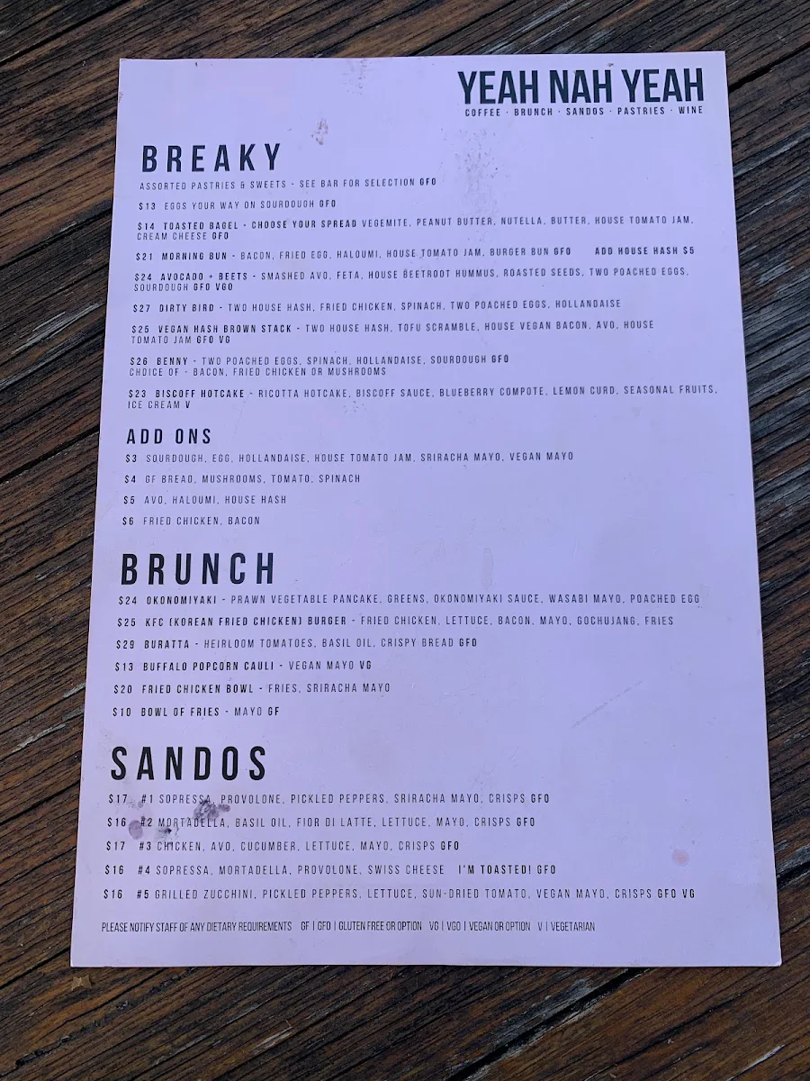 Menu, Yeah Nah Yeah