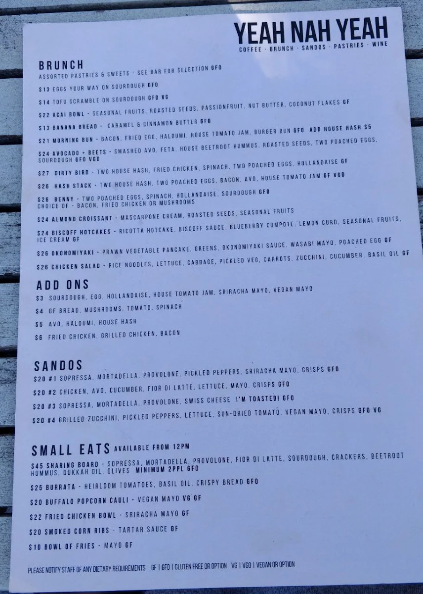 Menu, Yeah Nah Yeah