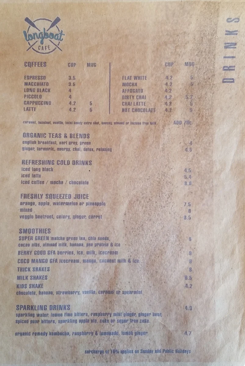 Menu, Longboat Cafe
