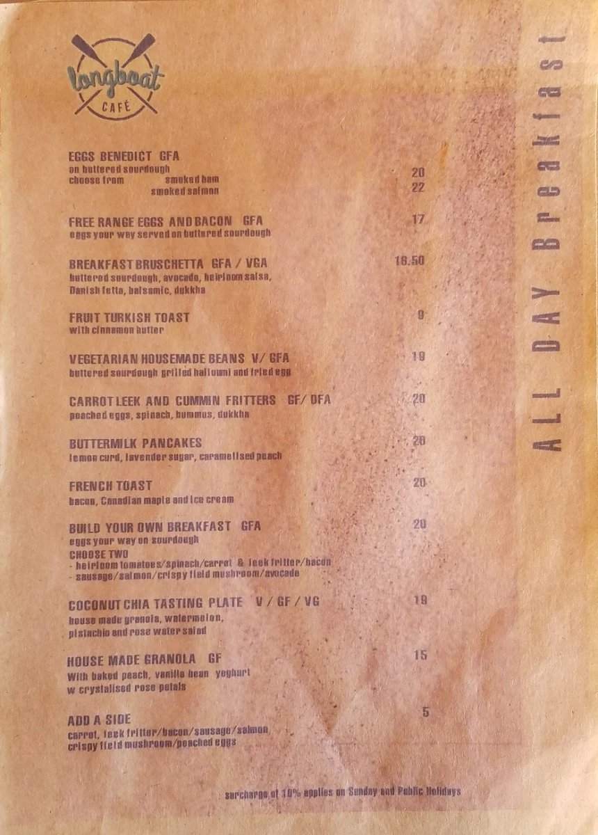 Menu, Longboat Cafe