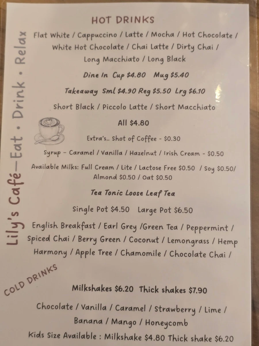 Menu, Lily's Cafe