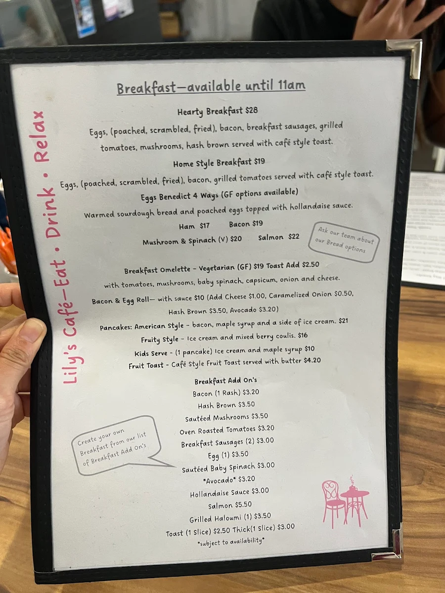 Menu, Lily's Cafe