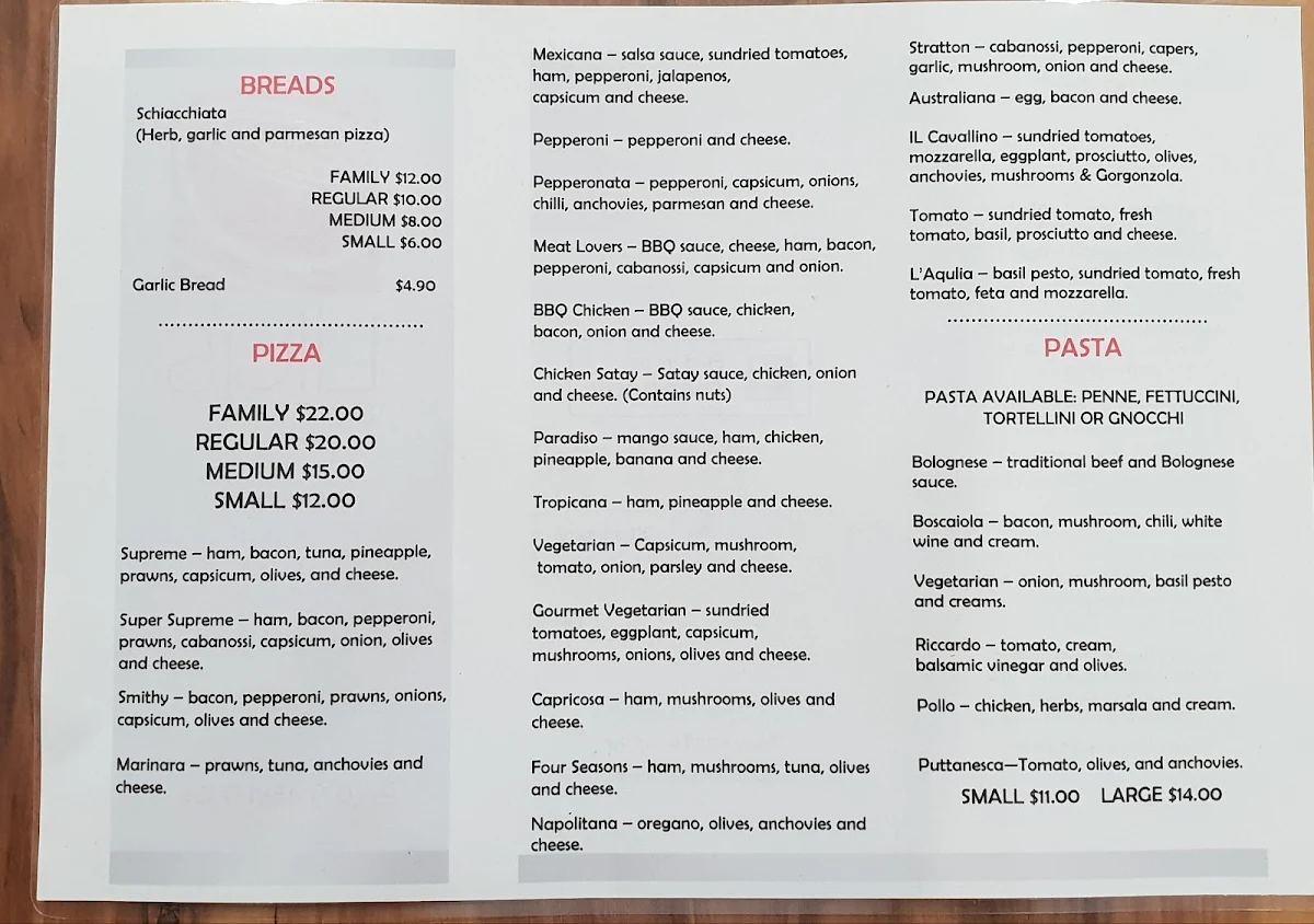 Menu, Lily's Cafe