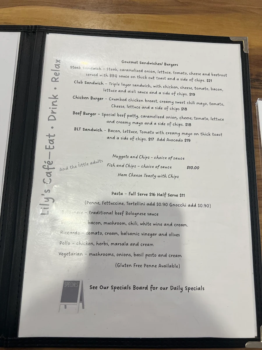 Menu, Lily's Cafe