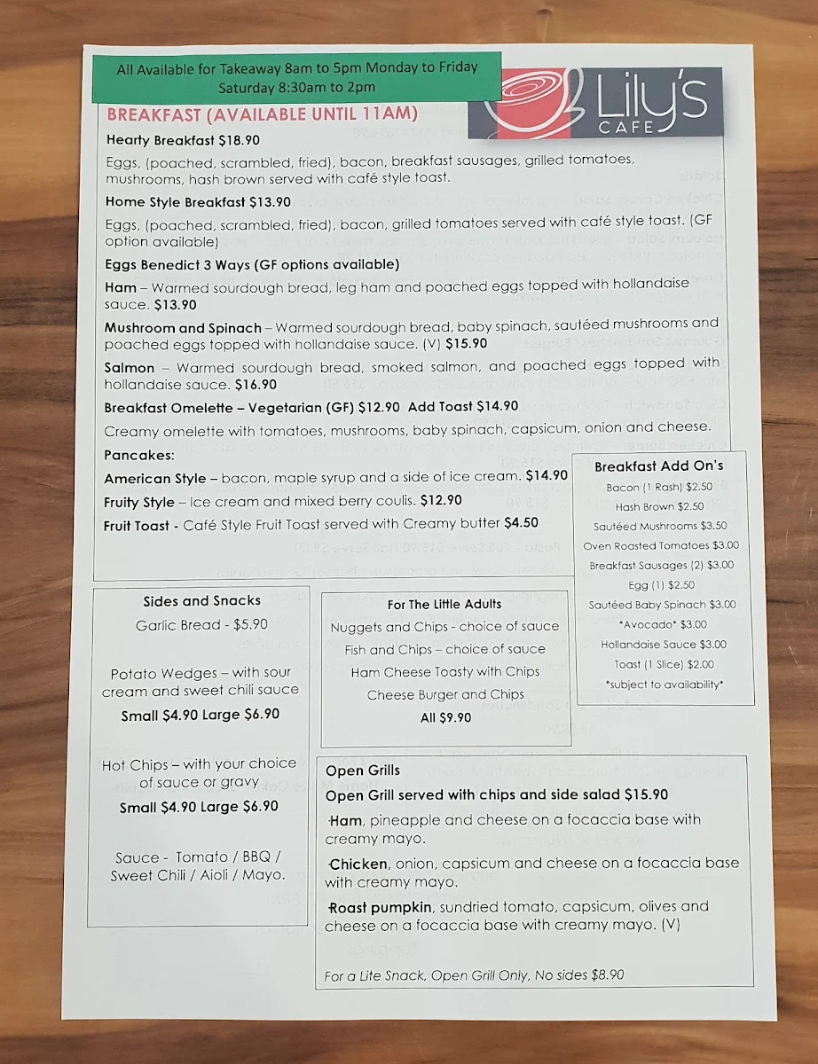 Menu, Lily's Cafe