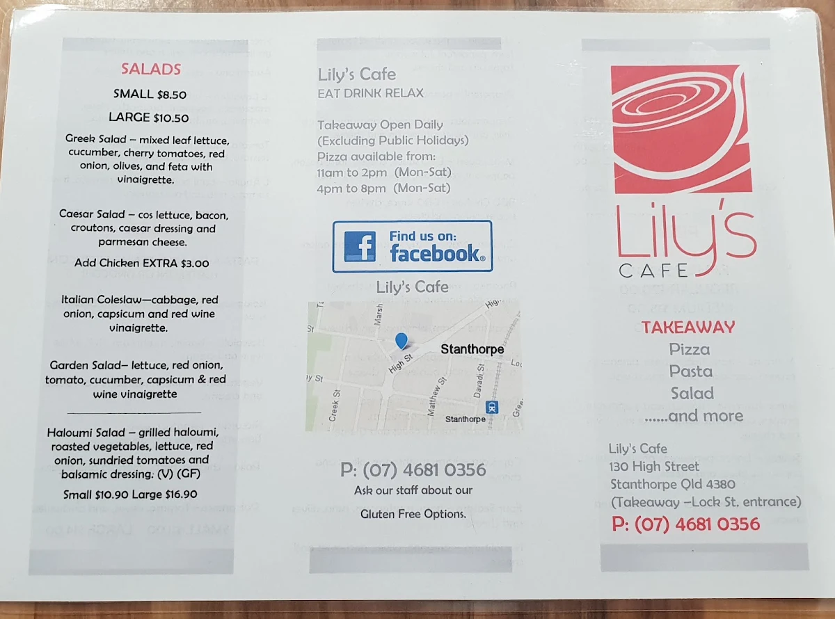 Menu, Lily's Cafe