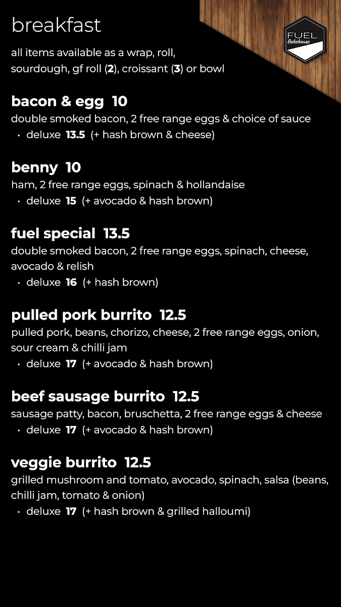 Menu, Fuel Bakehouse Currumbin