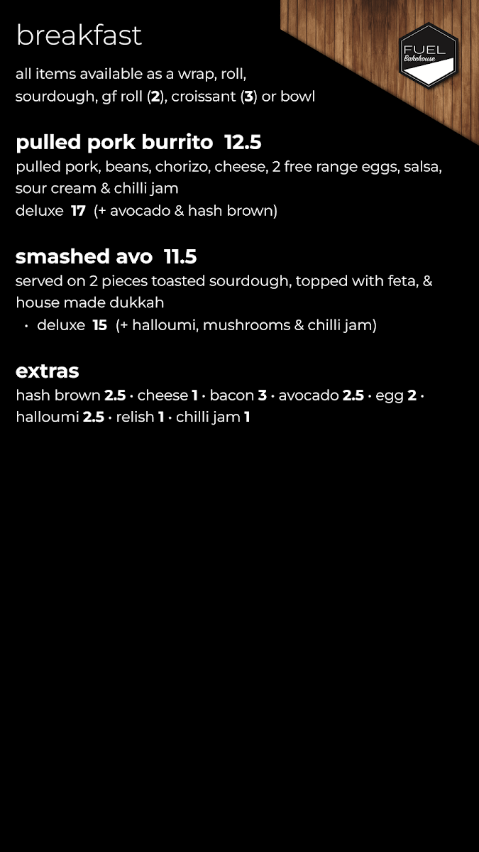 Menu, Fuel Bakehouse Currumbin