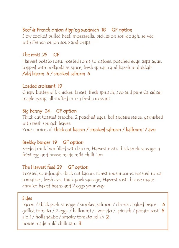 Menu, Harvest Foodhouse