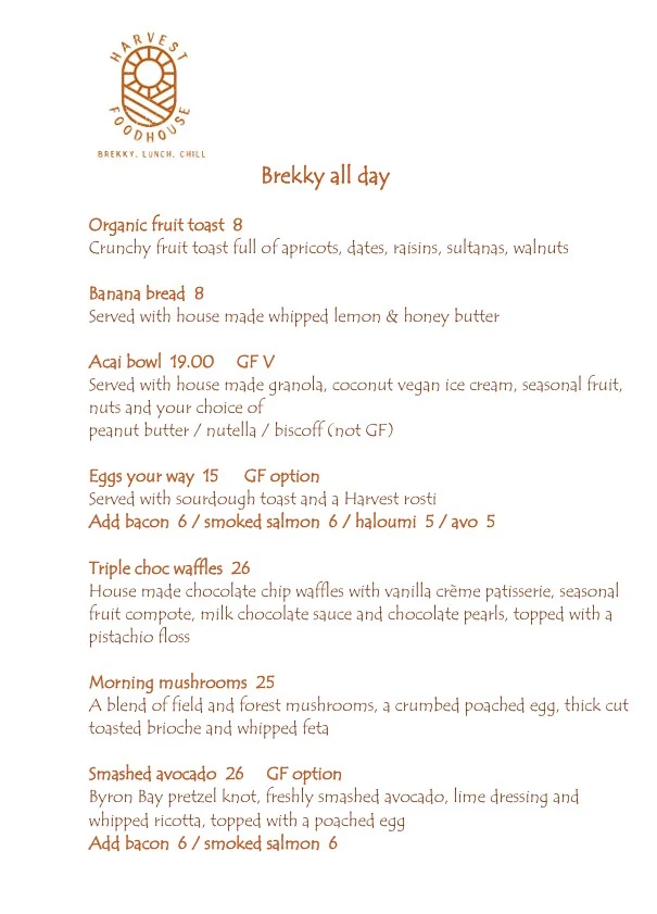 Menu, Harvest Foodhouse