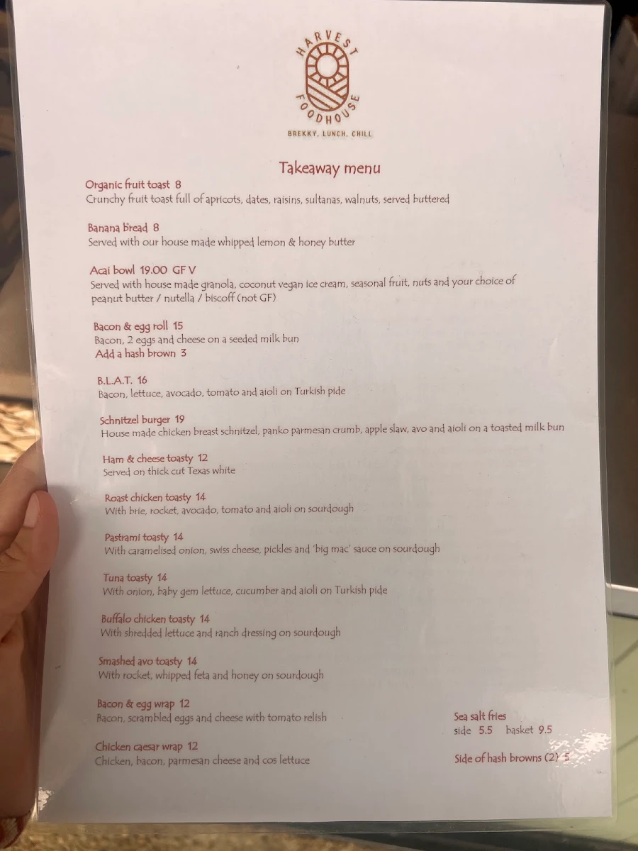 Menu, Harvest Foodhouse