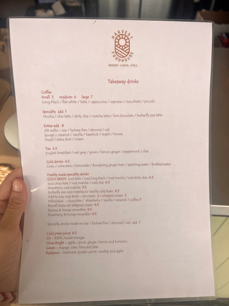Menu, Harvest Foodhouse