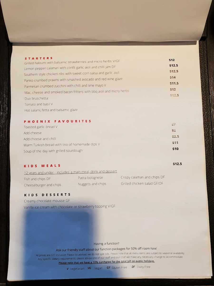 Menu, The Phoenix Hotel