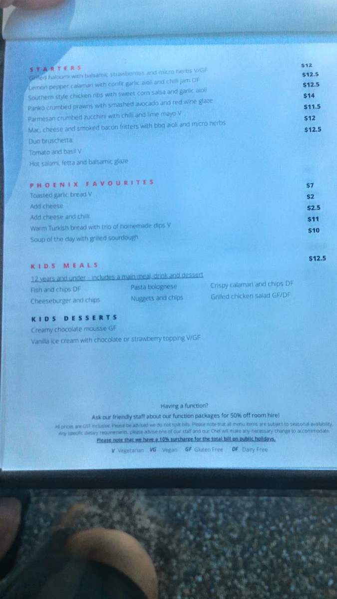 Menu, The Phoenix Hotel