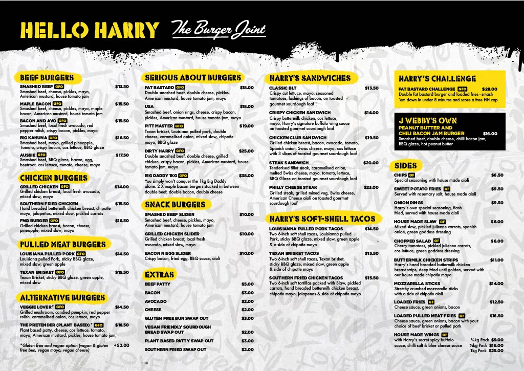 Menu, Hello Harry The Burger Joint (Fitzroy)