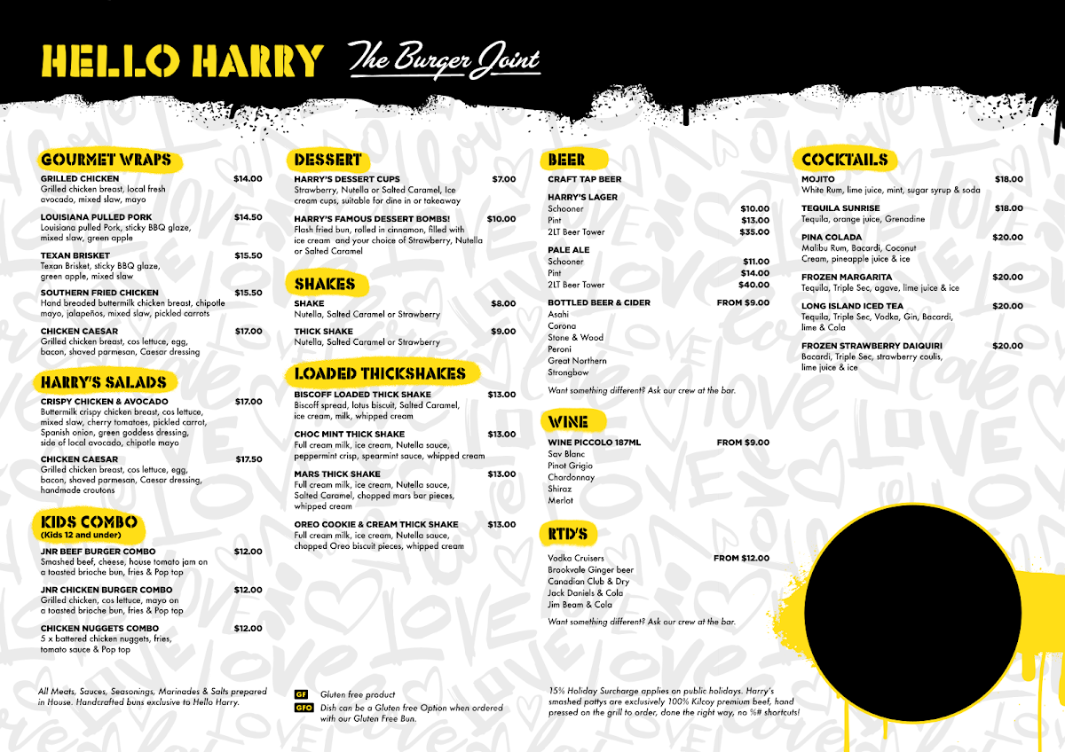 Menu, Hello Harry The Burger Joint (Fitzroy)