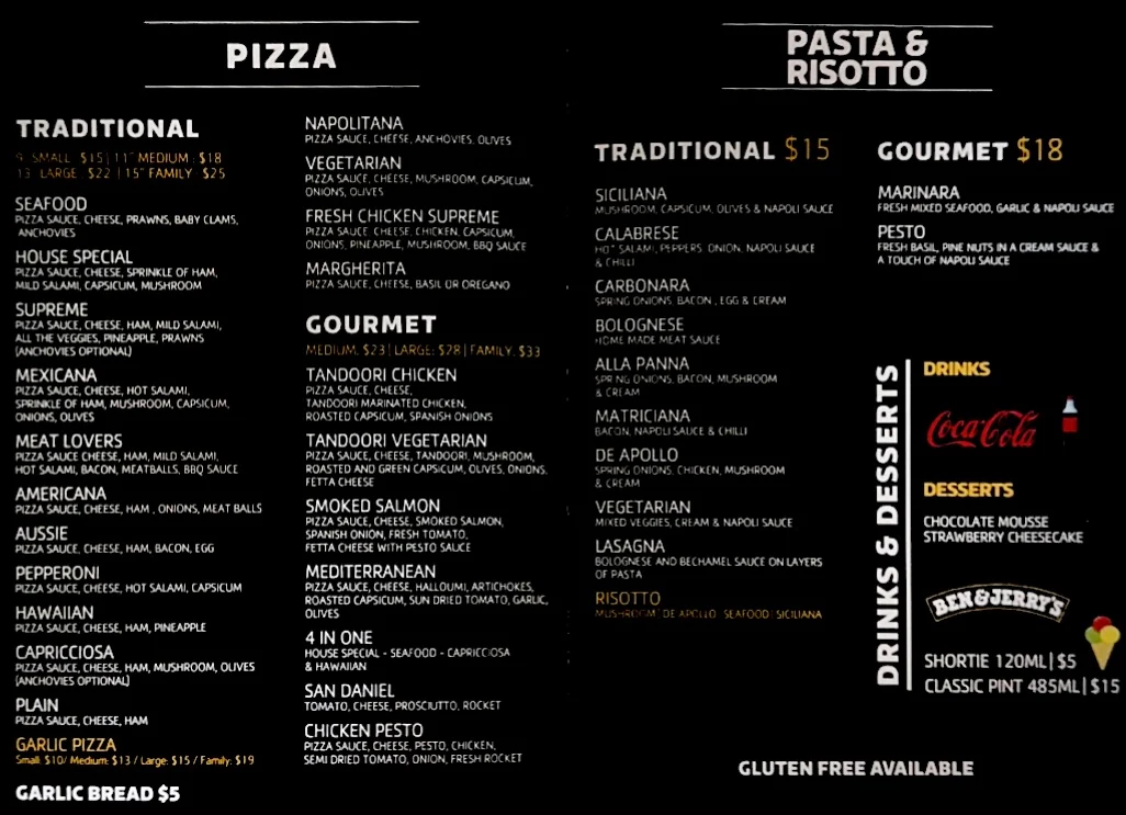 Menu, Hughesdale Pizza & Pasta