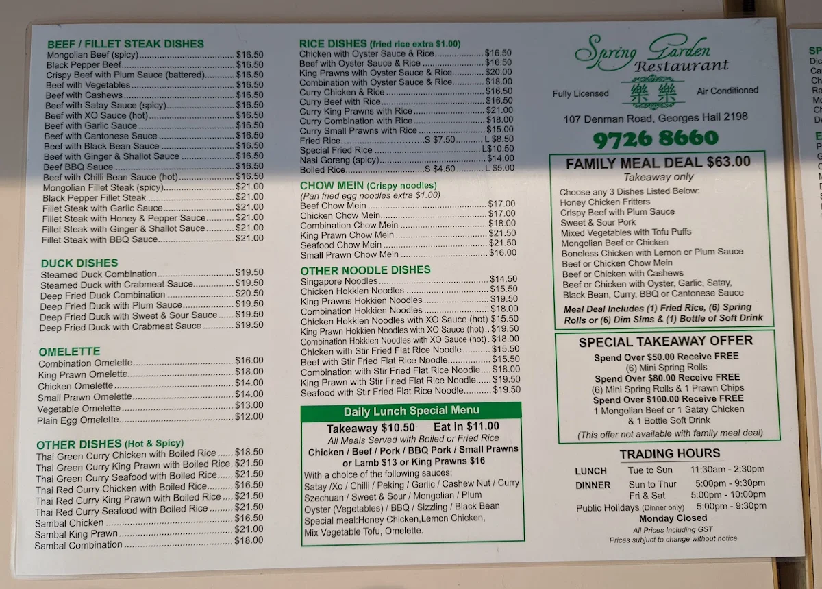Menu, Spring Garden Restaurant