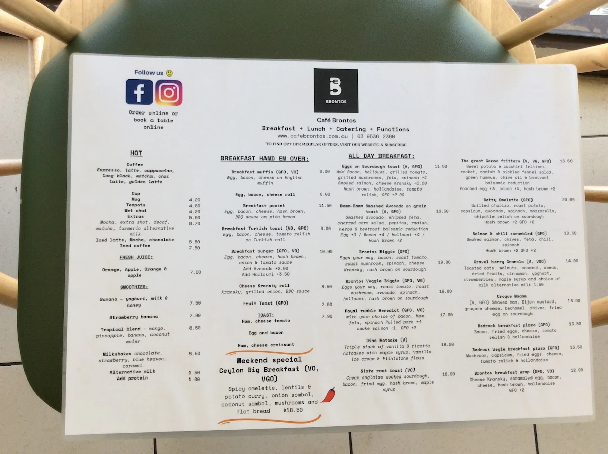 Menu, Cafe Brontos