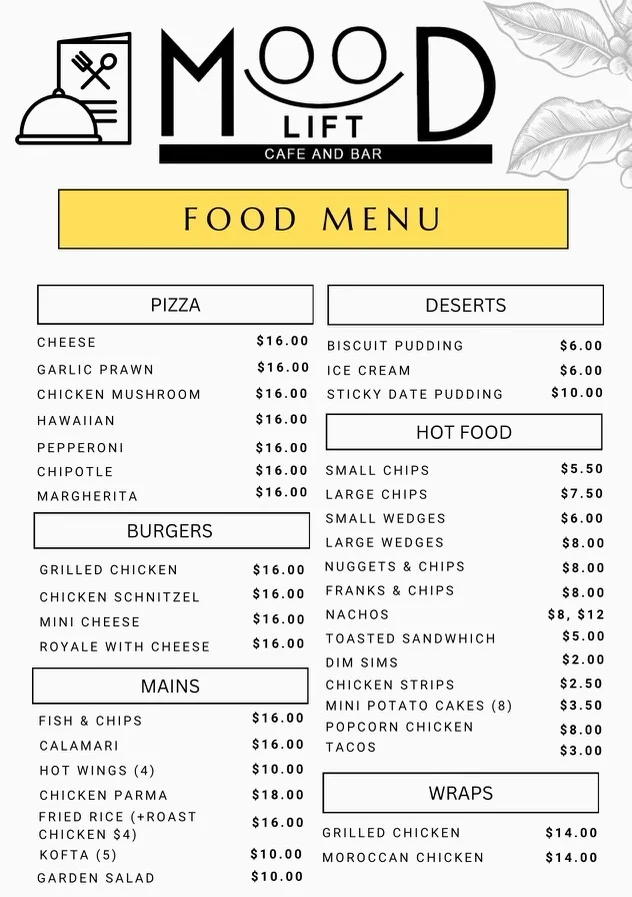 Menu, Mood Lift Cafe & Bar