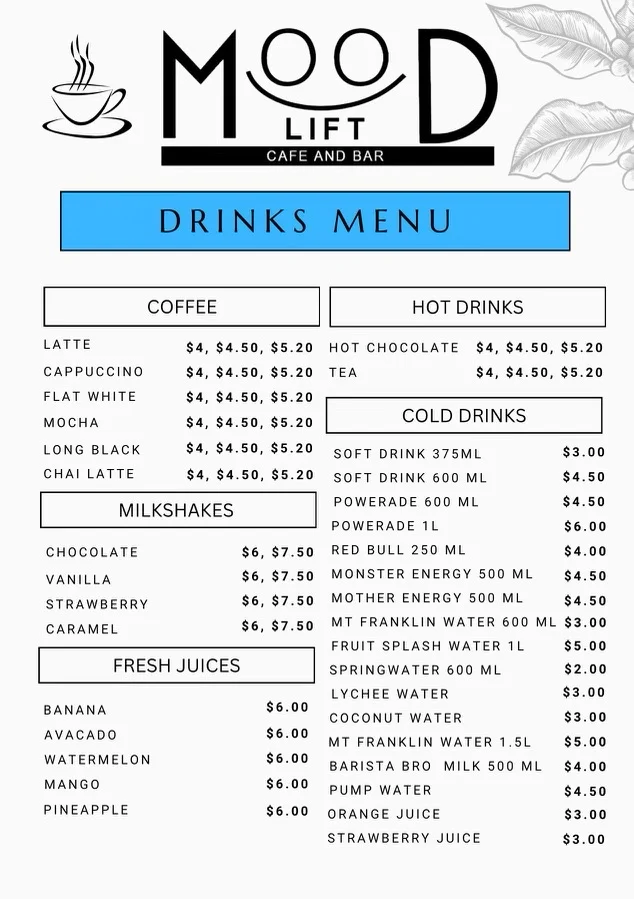 Menu, Mood Lift Cafe & Bar