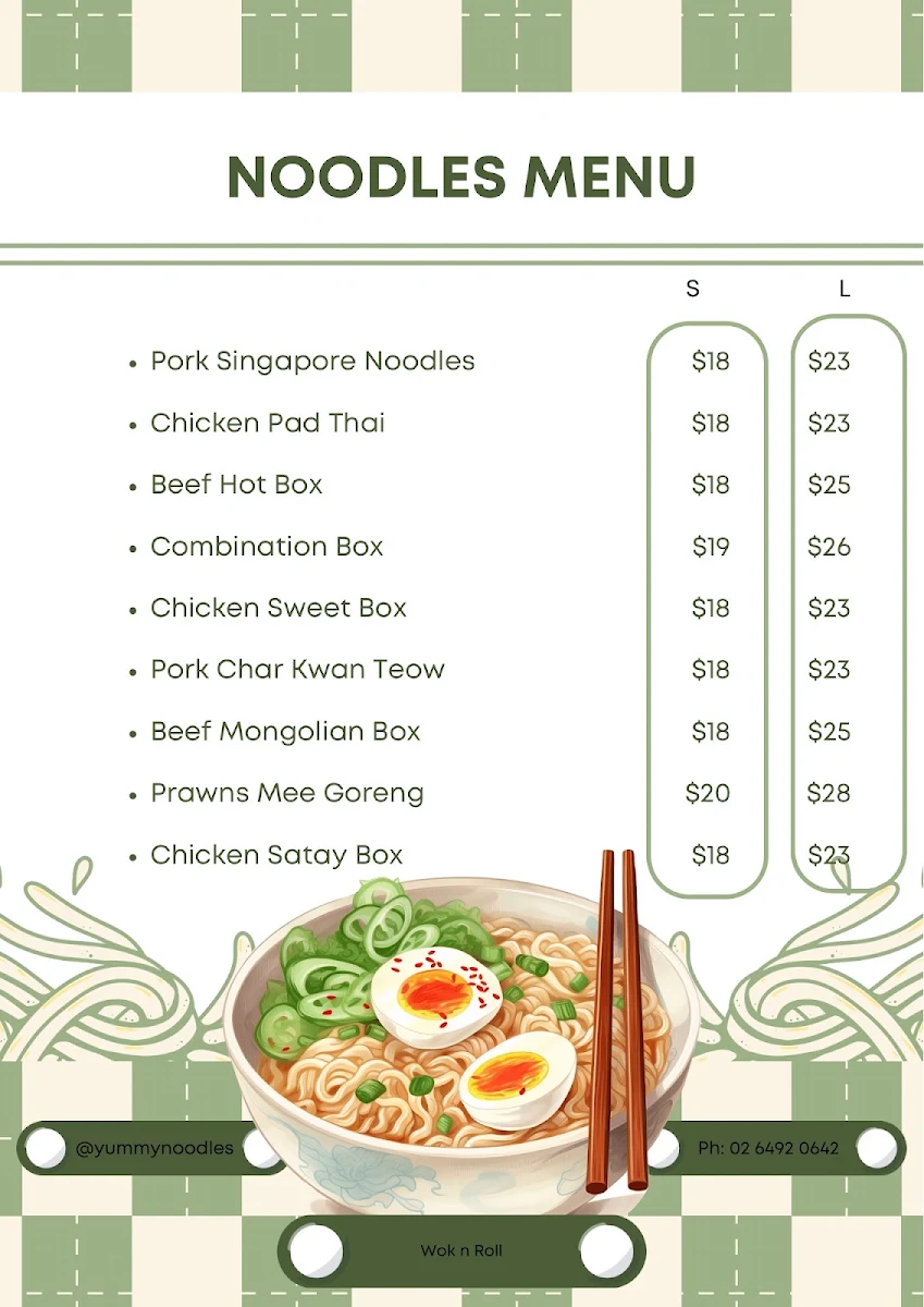 Menu, Wok n Roll Bega