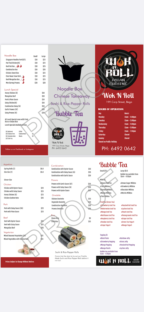 Menu, Wok n Roll Bega