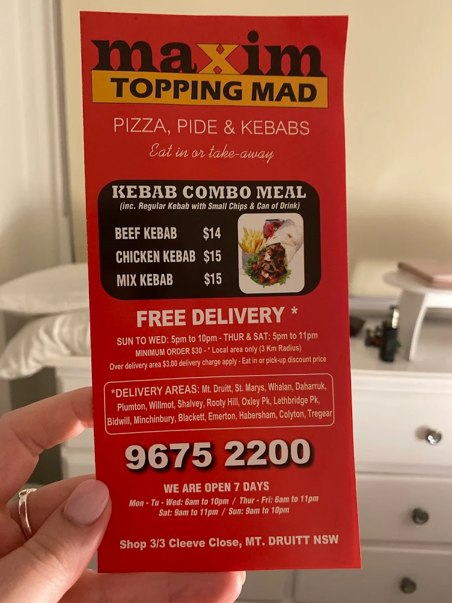 Menu, Maxim's Topping Mad Pizza Kebab and Pide