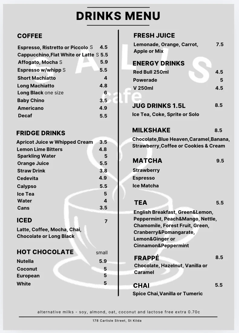 Menu, SALIS cafe