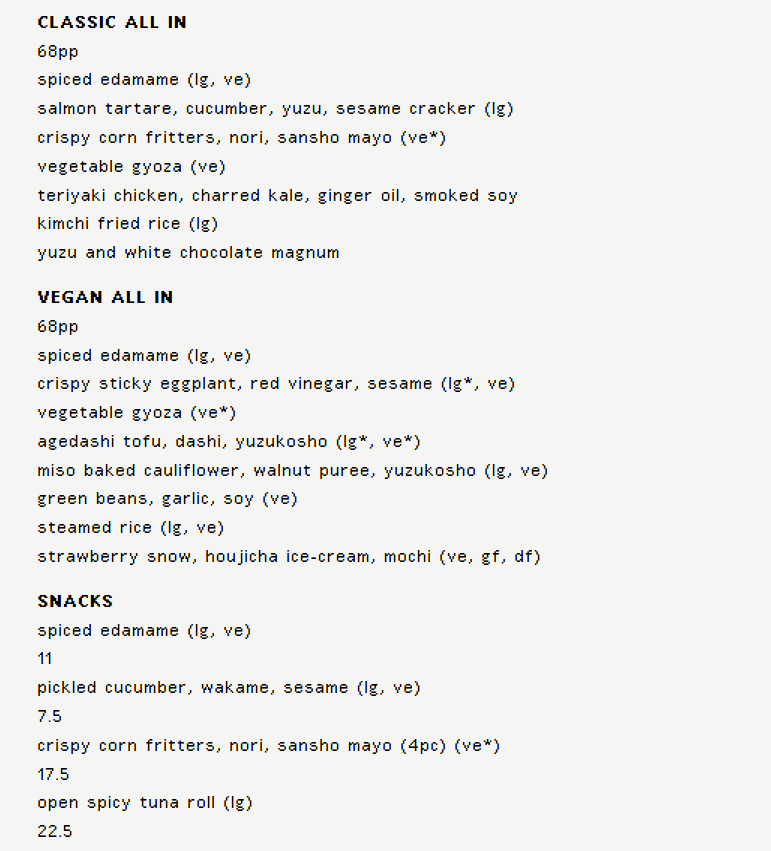 Menu, Tokyo Tina