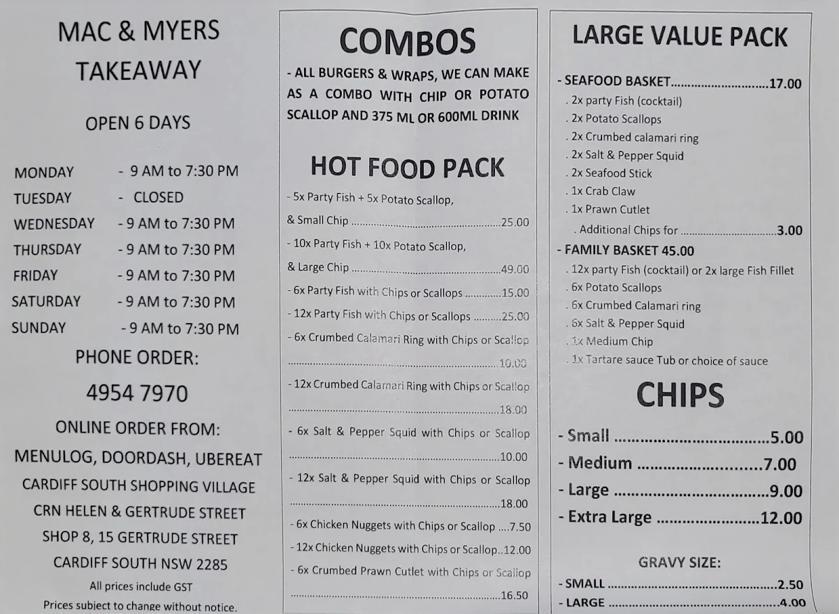 Menu, Mac & Myers Takeaway