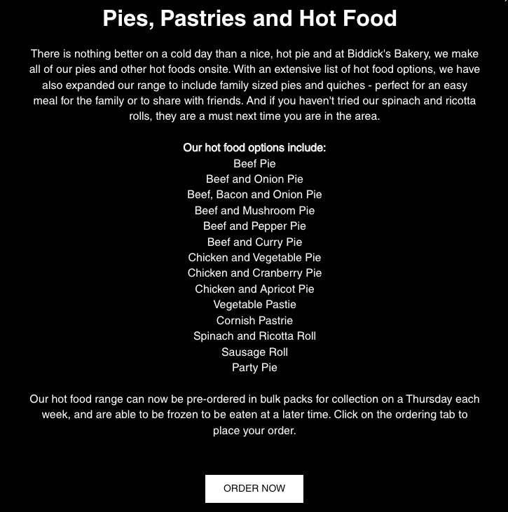 Menu, Biddick’s Bakery Warrandyte - WINNER 2023 Australian Trades Champion “New Business"