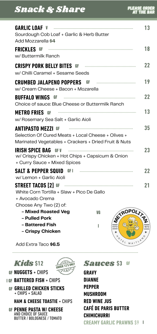 Menu, The Metropolitan Hotel