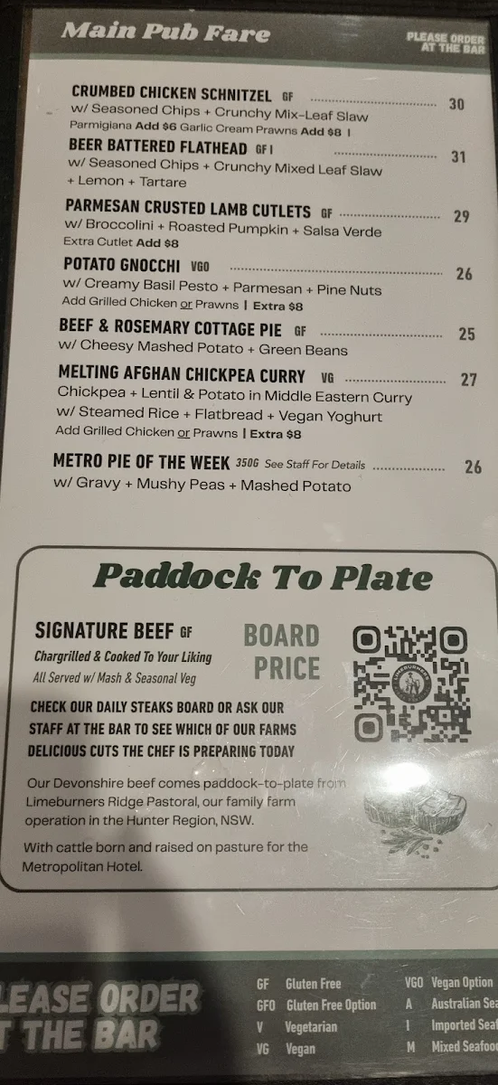 Menu, The Metropolitan Hotel