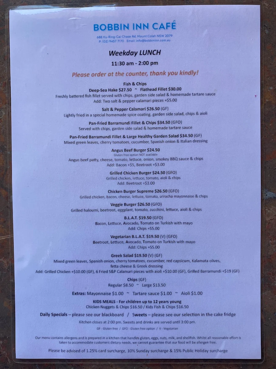 Menu, Bobbin Inn Cafe