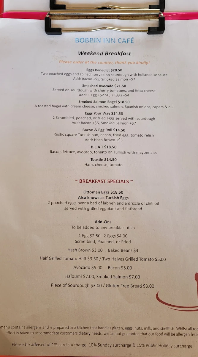 Menu, Bobbin Inn Cafe