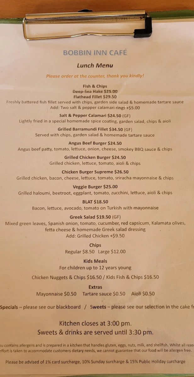 Menu, Bobbin Inn Cafe