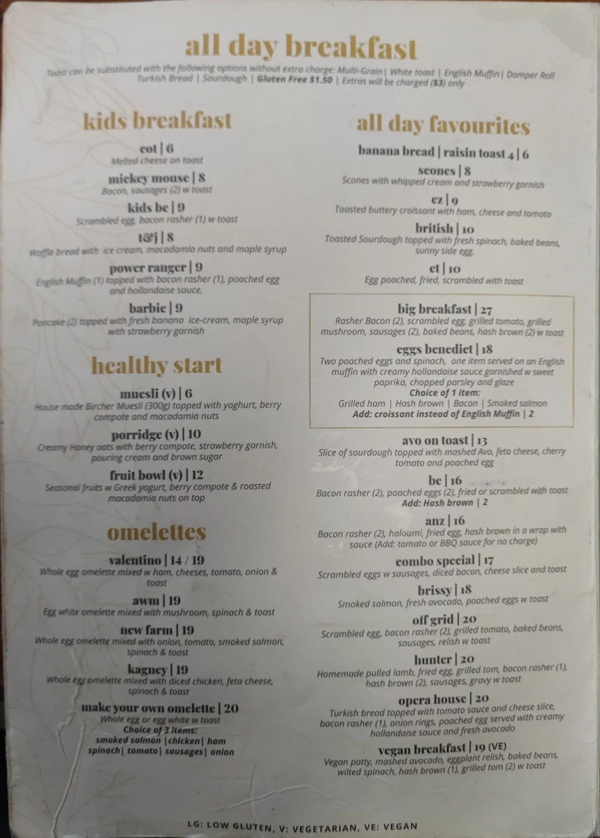 Menu, MK Bower cafe