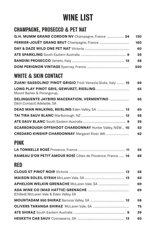 Menu, Hyde Park House