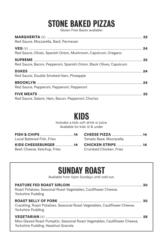 Menu, Hyde Park House