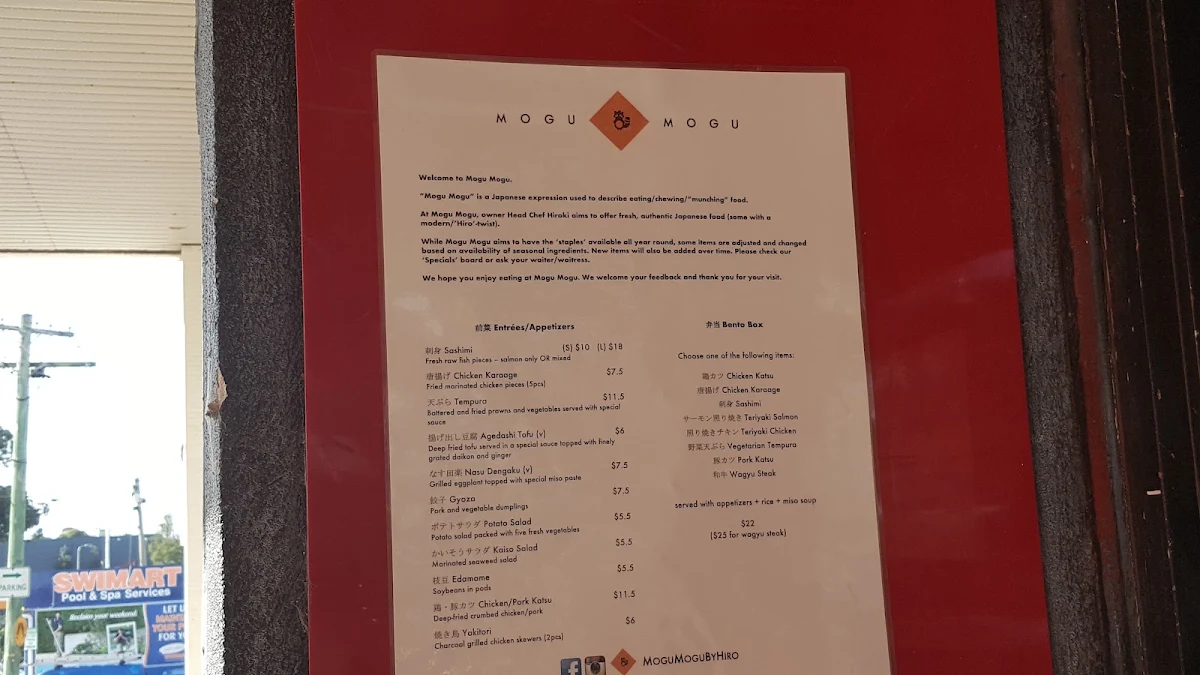 Menu, Mogu Mogu Japanese Cuisine