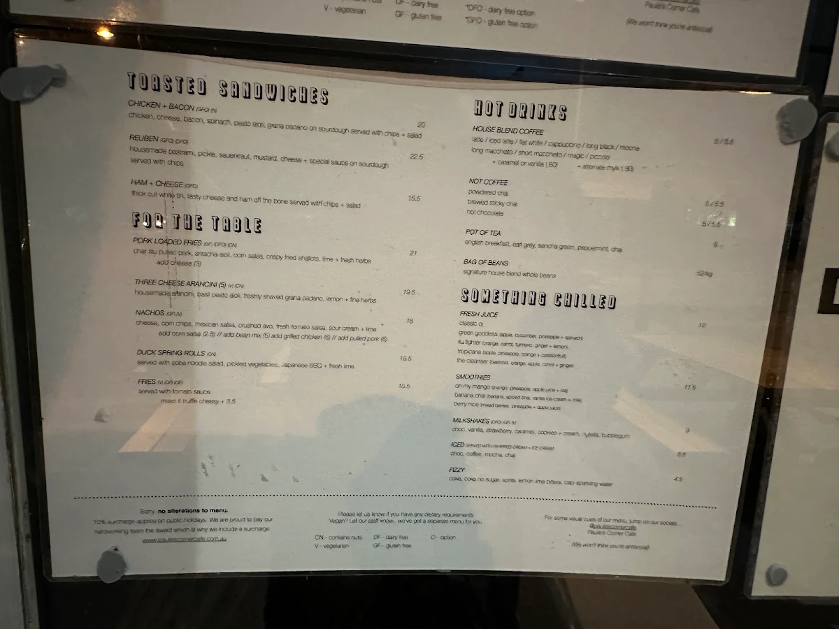 Menu, Paulie's Corner Cafe