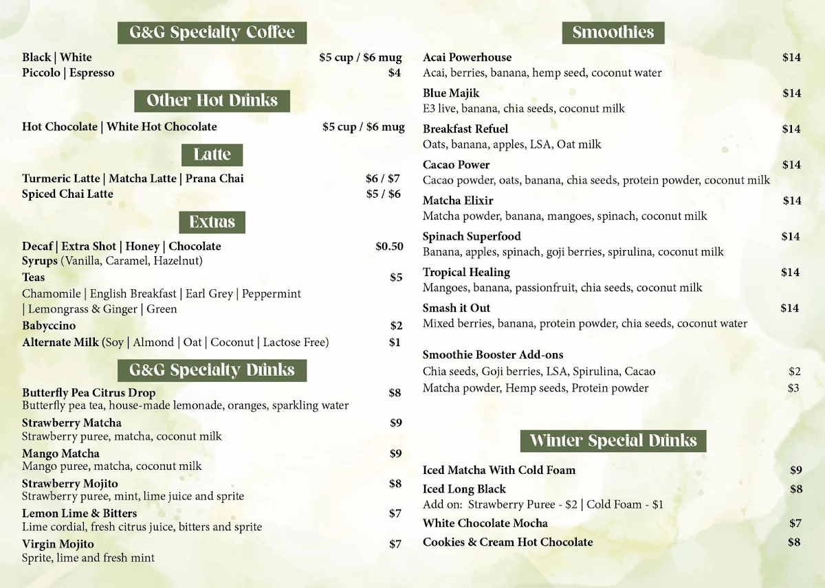 Menu, Greens & Grains