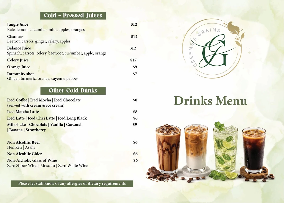 Menu, Greens & Grains
