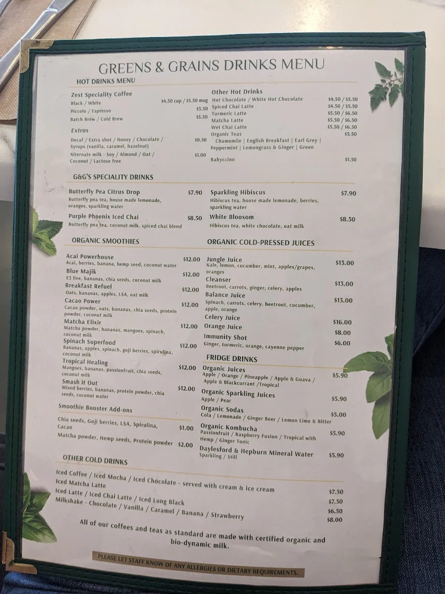 Menu, Greens & Grains