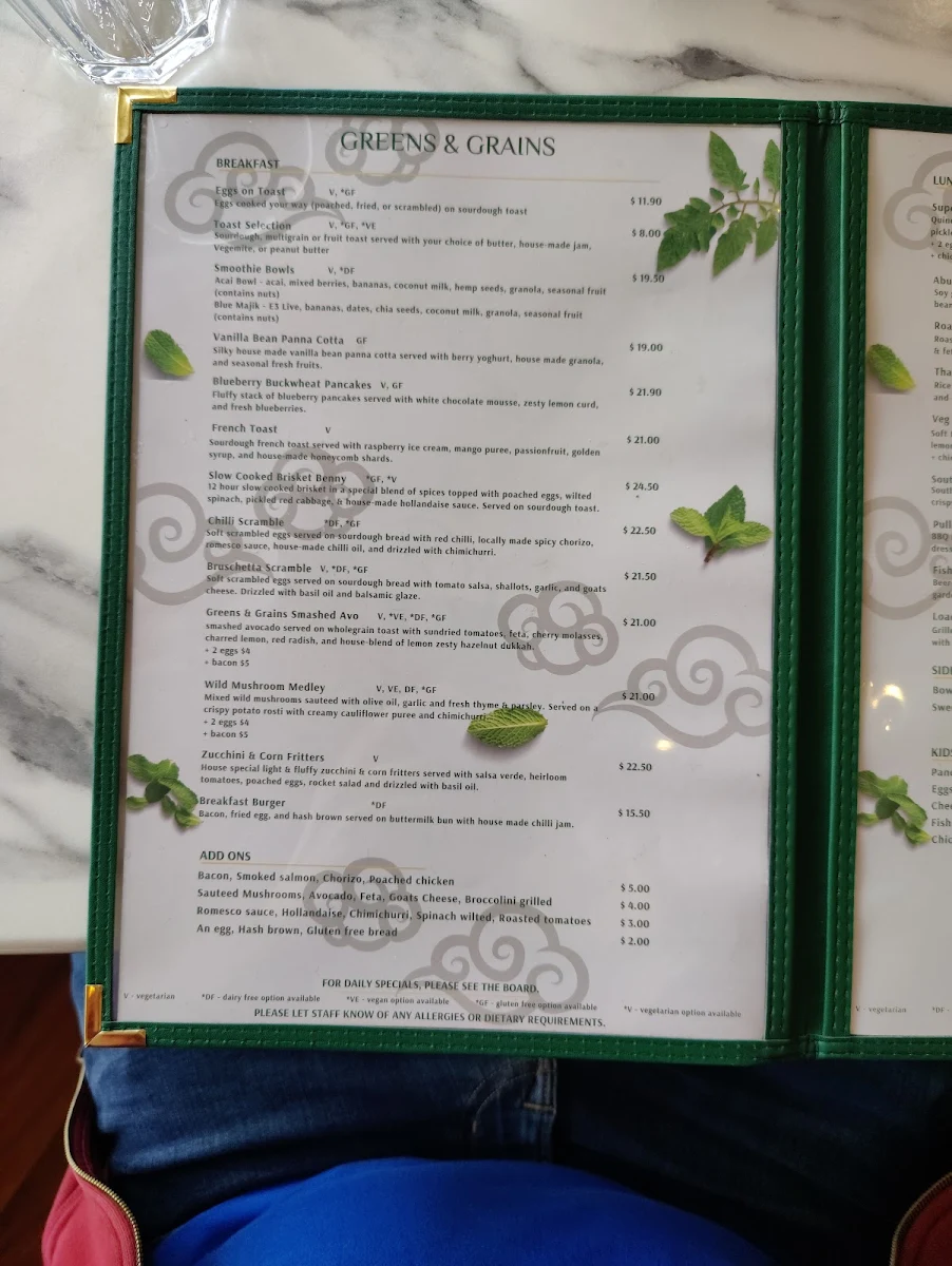Menu, Greens & Grains